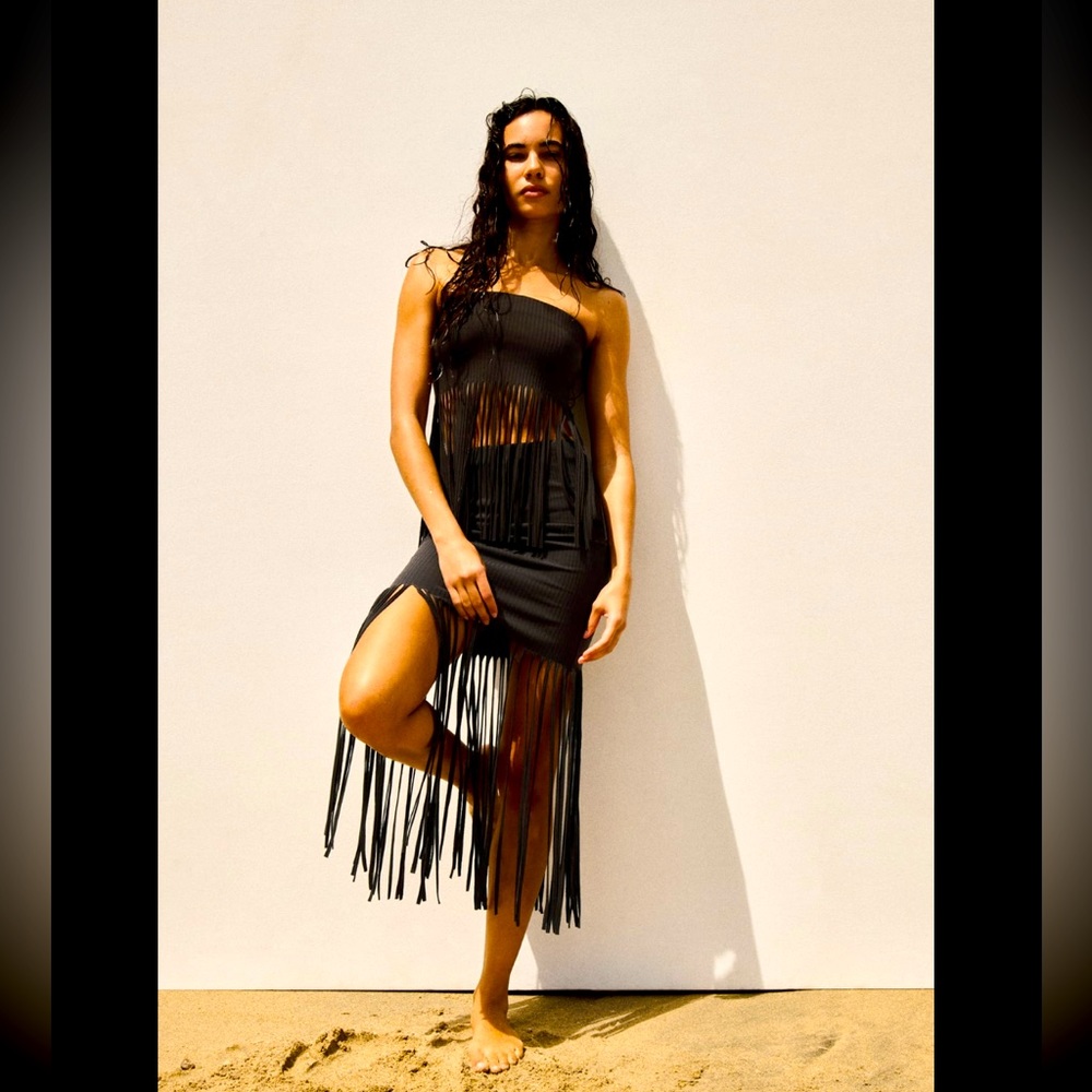 ZARA FRINGED RIBBED SKIRT